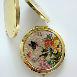 NAMIN Craft Portable Korean Mother-of-Pearl Double-Sided Compact Mirror (70mm x 75mm) Butterfly Peony _ 1x Magnifying Mirror, One-Touch Open, Korean Traditional Handicraft, Souvenir, Made in Korea